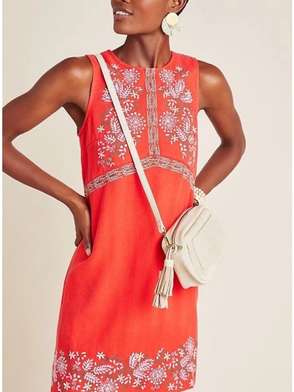 Anthropologie Anthro Linen blend Dress GUC lined embroidered flattering seaming